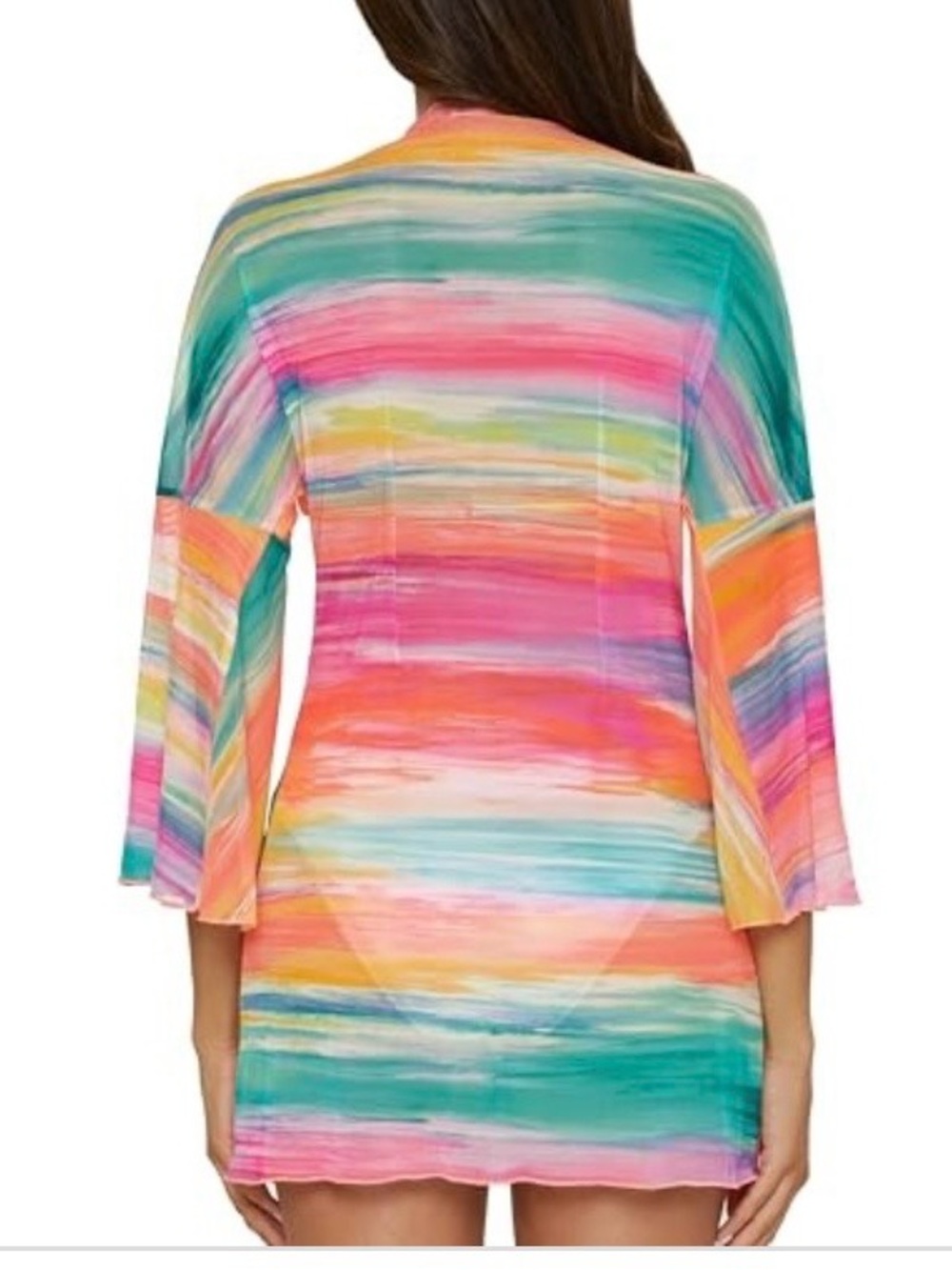 BECCA Multicolor Striped Tie-Front Swim Coverup - Pink, Teal, Orange - Picture 2 of 4